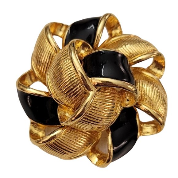 Anne Klein Gold Tone Black Enamel Ribbon Bow Coat Brooch Pin, Signed K564 - Picture 1 of 6